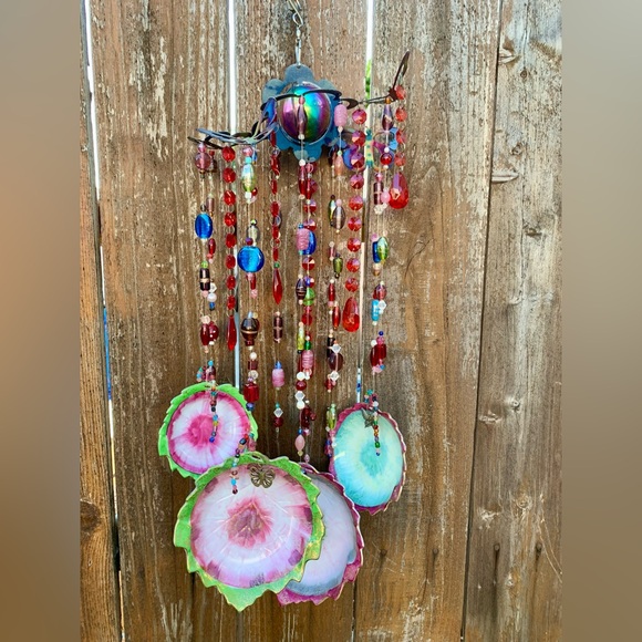 Inlaid Gold Leaves Vtg Porcelain Glass Beads 3D Butterfly Wind Chime Mobile - Picture 6 of 11